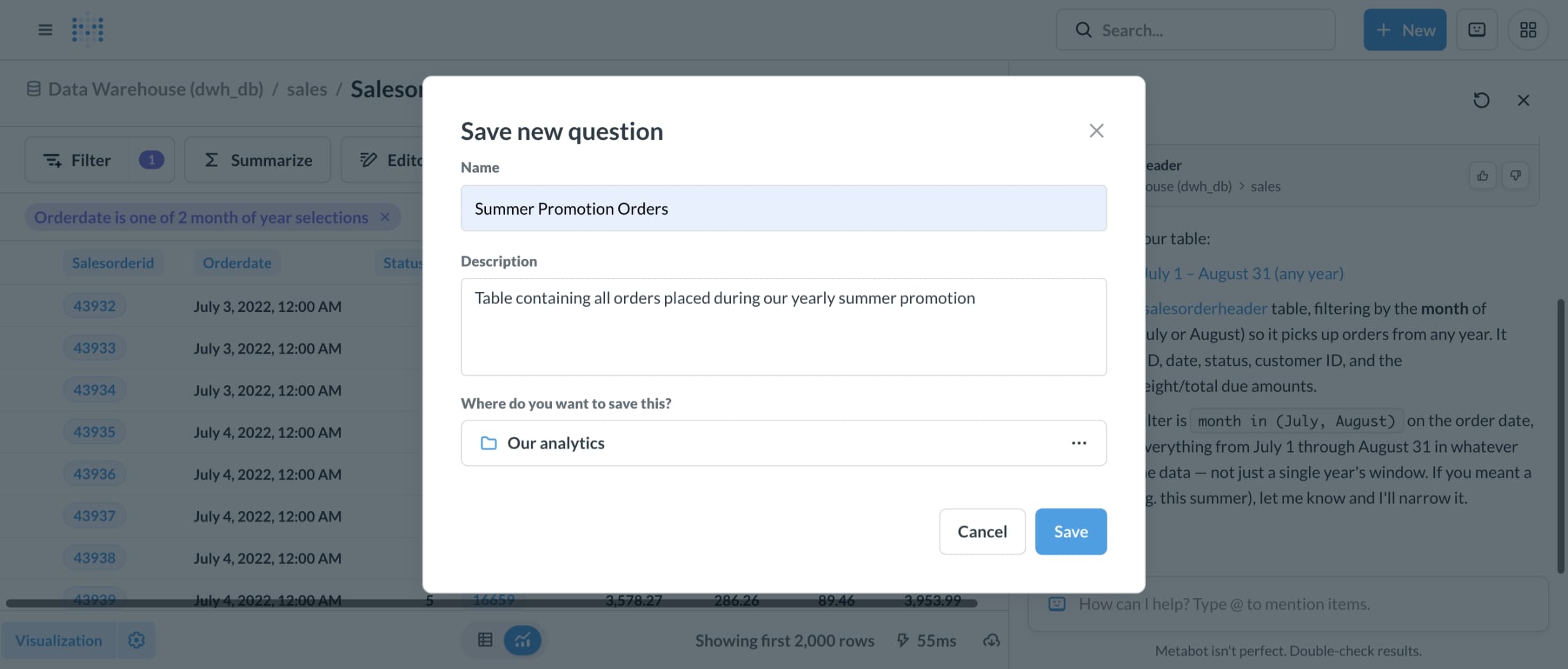 Metabase summer promotion orders
